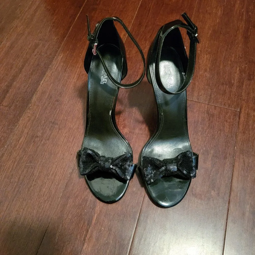 Michael Kors Women's Black Leather Sequin Bow Ankle Strap Stiletto Heels